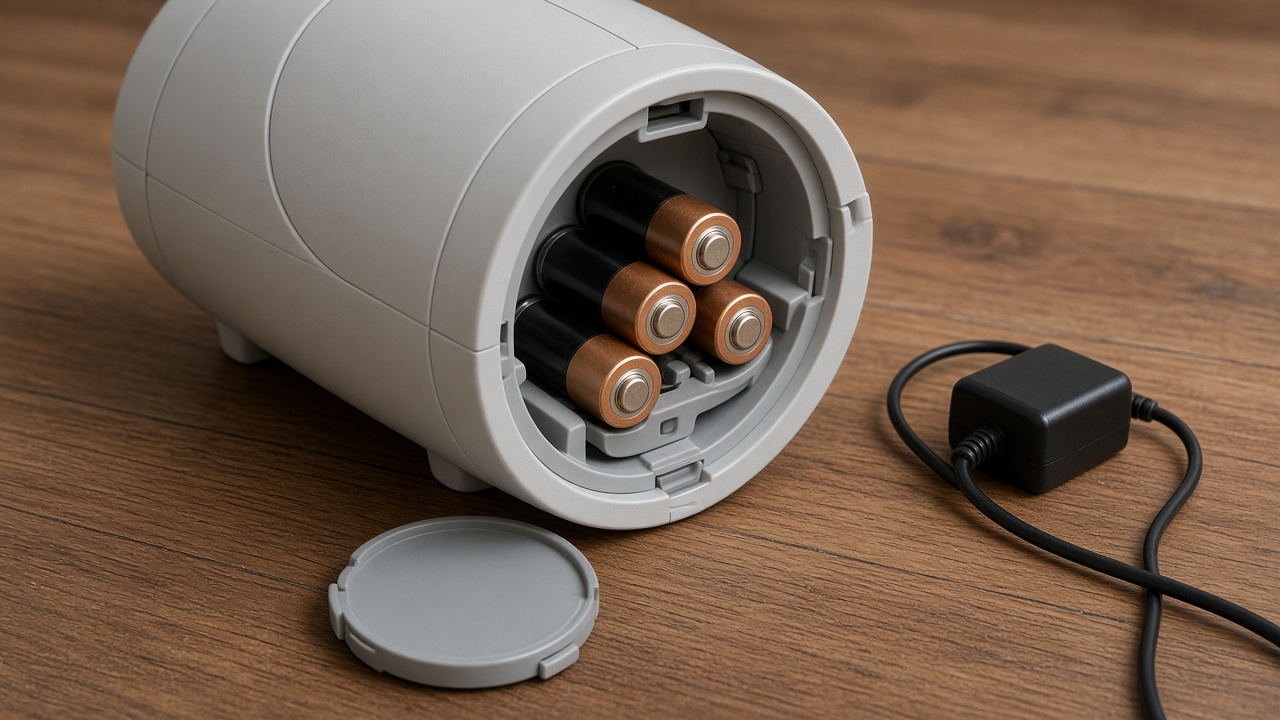 Geöffnetes Batteriefach eines Futterautomaten für die Notstromversorgung