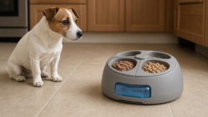 Kleiner Hund wartet vor einem Futterautomaten mit Nassfutter und Kühlakku
