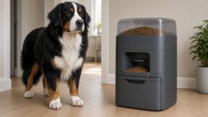 Großer Hund steht neben einem großen Futterautomaten für Trockenfutter im Flur