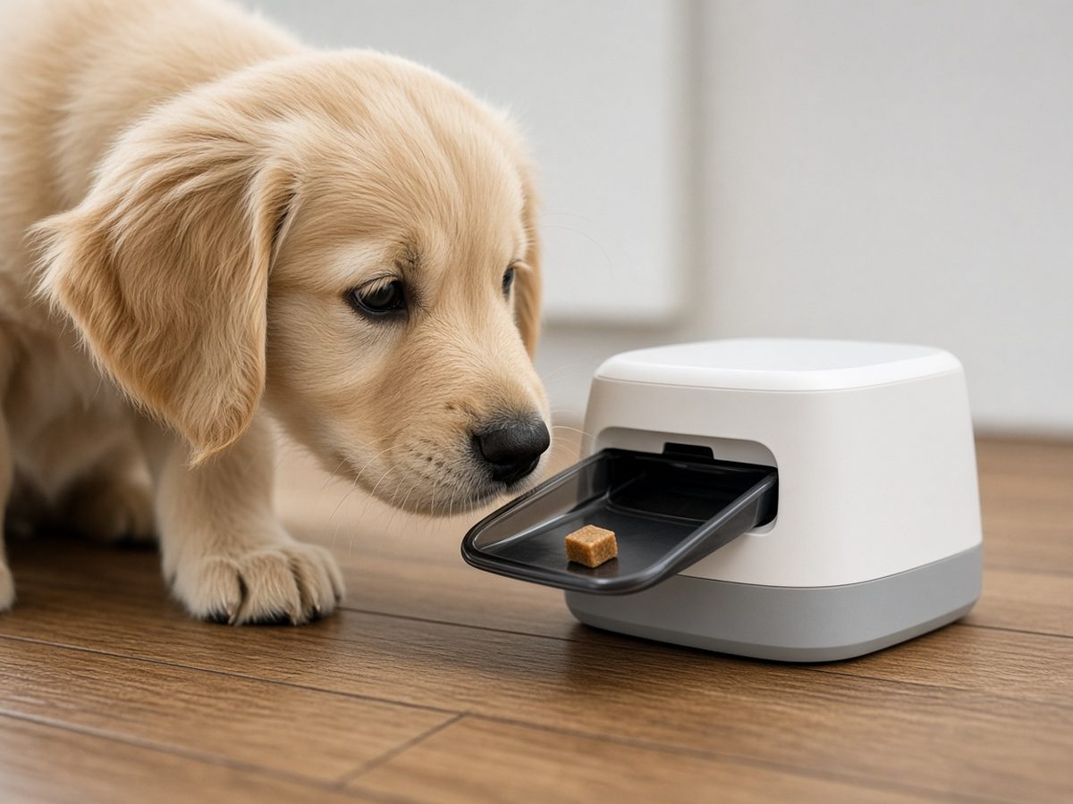Junger Hund schnuppert neugierig am Ausgabefach eines Leckerli-Spenders