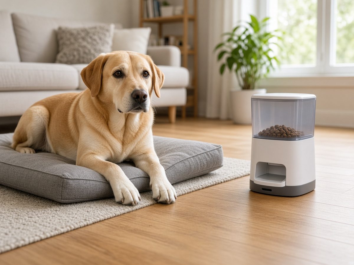 Hund übt auf seinem Platz mit einem Leckerli-Spender in der Nähe