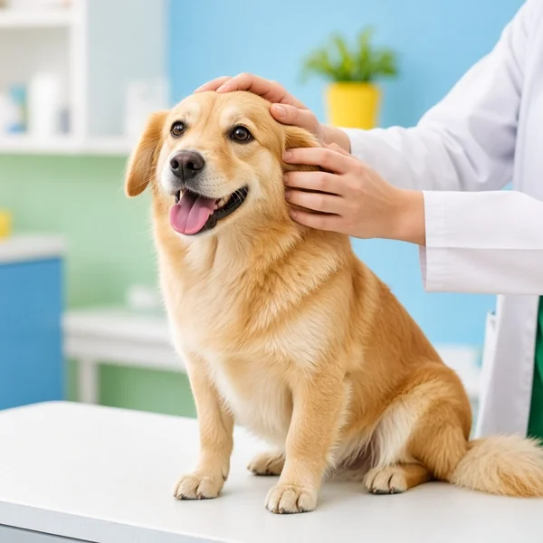 Fröhlicher, gesunder Hund sitzt beim Tierarzt auf dem Behandlungstisch und wird liebevoll gestreichelt